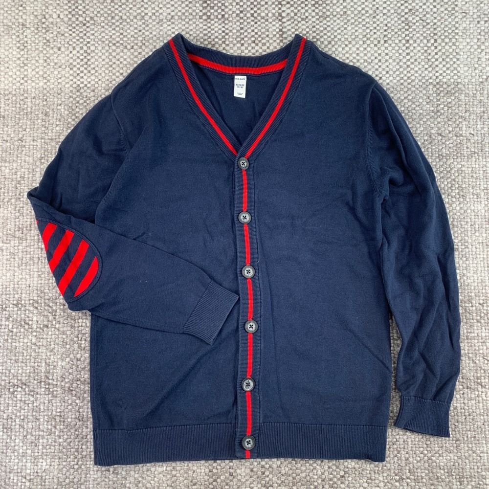 Old Navy Cardigan Boys XL 14-16 Blue Red Varsity Elbow Patch Cotton Sweater